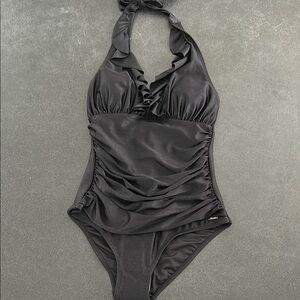 FarWest Elegant Black Ruffle Halter Swimsuit